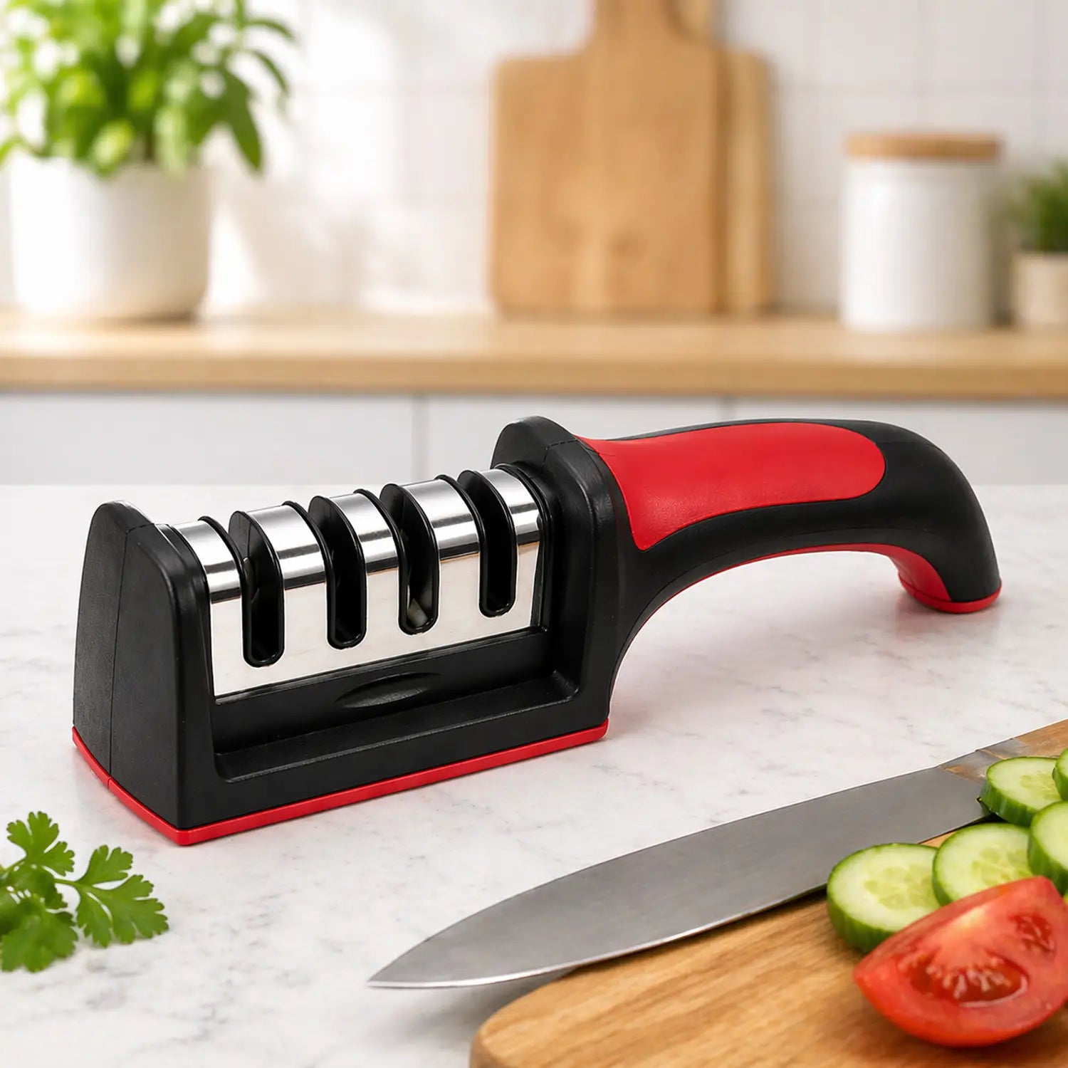 4-Stage Kitchen Knife Sharpener – Non-Slip Manual Sharpening Tool for Straight & Serrated Blades