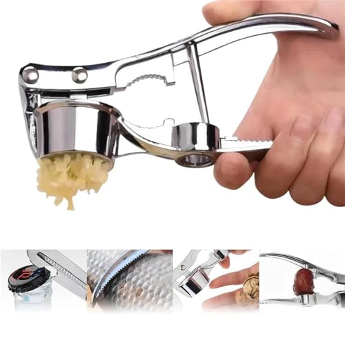 5 in 1 Stainless Steel Garlic Press | Multi-Function Garlic Crusher, Mincer & Kitchen Tool