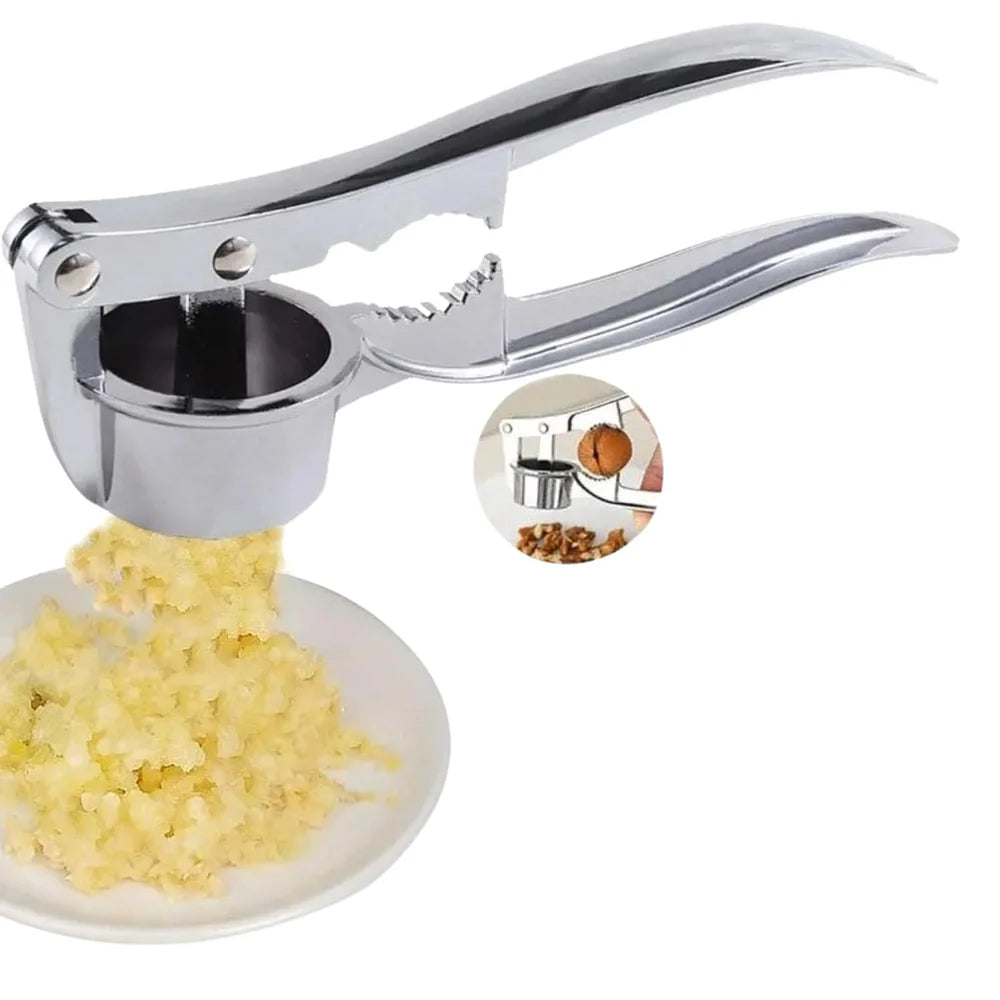 Garlic Crusher with Nutcracker | Stainless Steel Multi-Function Manual Garlic Press for Kitchen