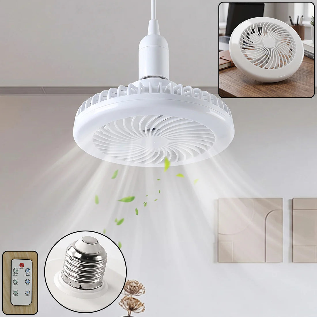 E27 LED Ceiling Fan with Light & Remote Control – Easy Screw-In Socket Fan Lamp for Home