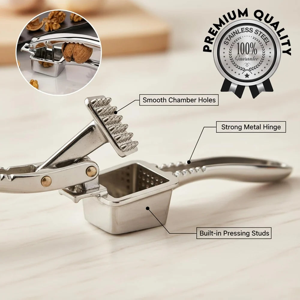 Multi-Function Garlic Crusher & Nut Cracker – Zinc Alloy Kitchen Tool with Mirror Finish