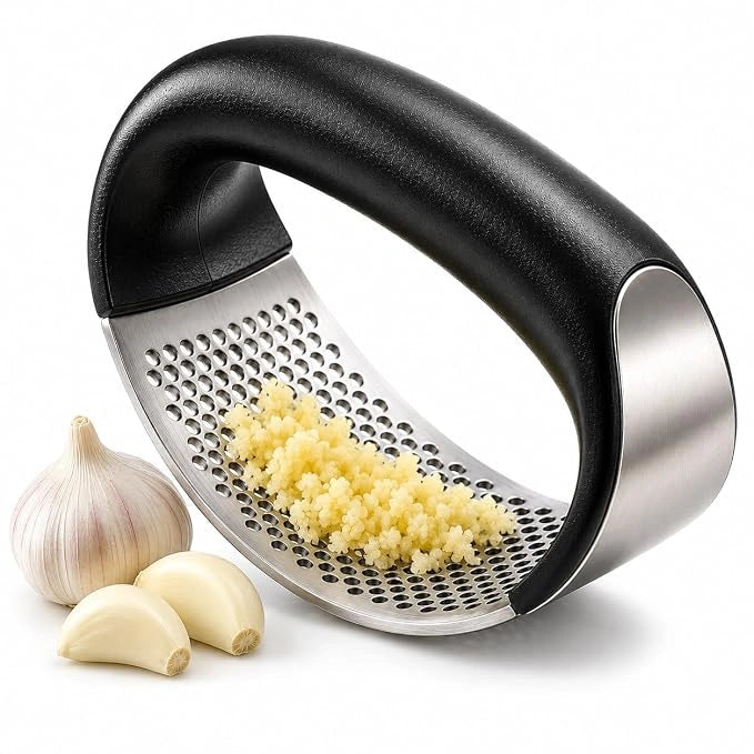 Stainless Steel Garlic Press & Mincer – Ergonomic Manual Garlic Crusher, Chopper & Ginger Mincer for Kitchen Use (Black)