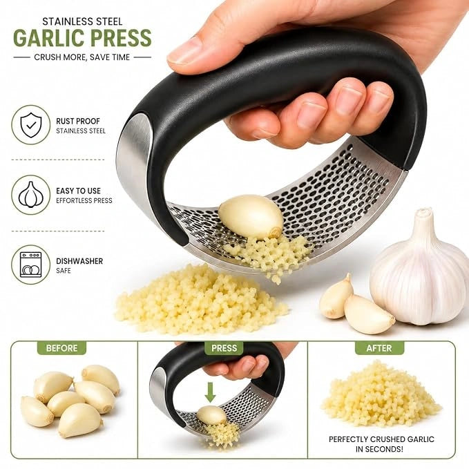 Stainless Steel Garlic Press & Mincer – Ergonomic Manual Garlic Crusher, Chopper & Ginger Mincer for Kitchen Use (Black)
