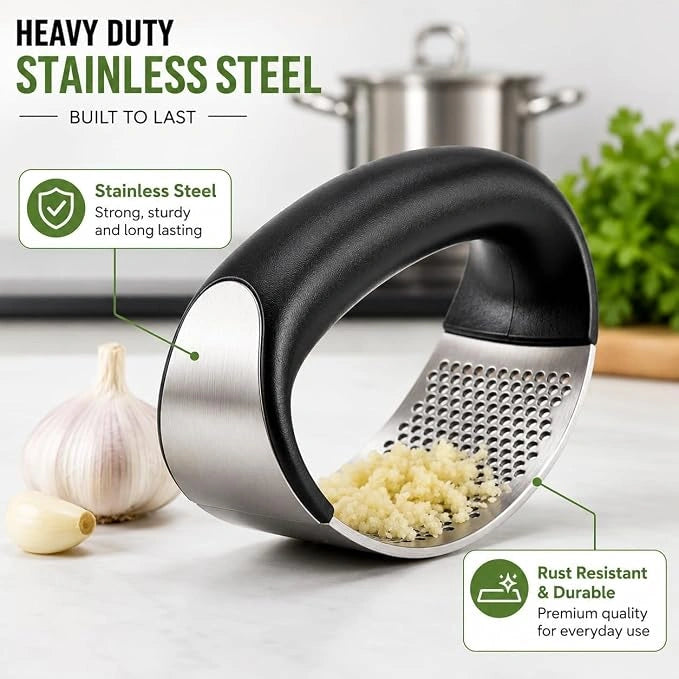 Stainless Steel Garlic Press & Mincer – Ergonomic Manual Garlic Crusher, Chopper & Ginger Mincer for Kitchen Use (Black)