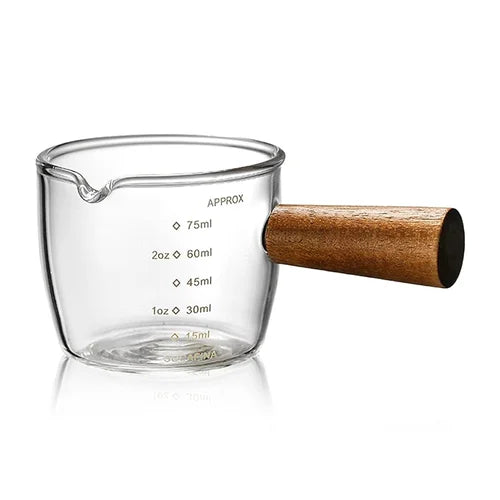 Espresso Glass Measuring Cup with Wood Handle & Pouring Spou