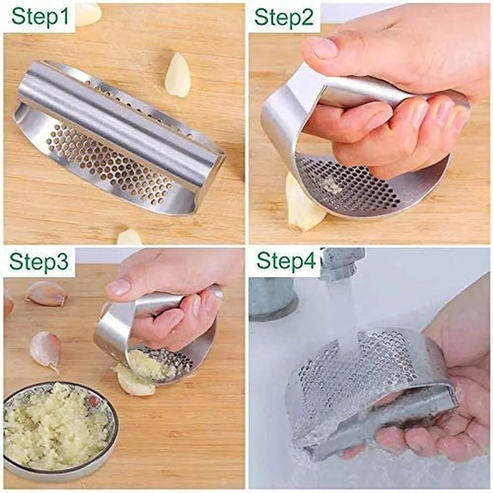 Silver Portable Garlic Press Rocker | Stainless Steel Manual Garlic Crusher & Mincer for Kitchen