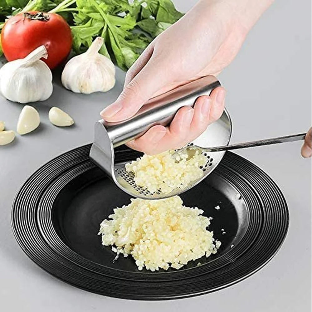 Silver Portable Garlic Press Rocker | Stainless Steel Manual Garlic Crusher & Mincer for Kitchen