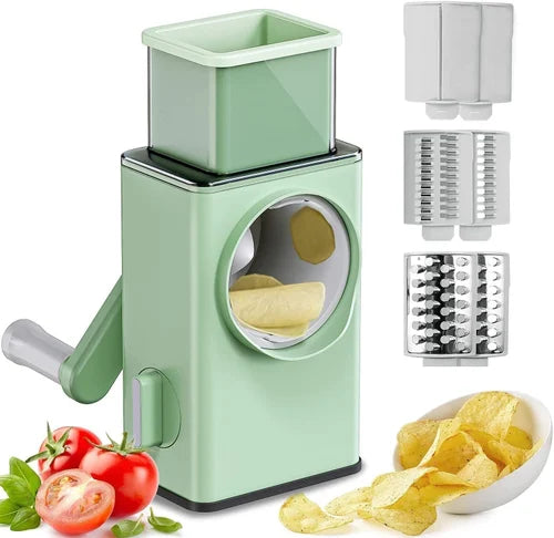 Rotary Vegetable Slicer | Round Mandoline Slicer with Interchangeable Stainless Steel Blades
